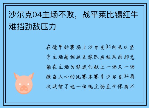 沙尔克04主场不败，战平莱比锡红牛难挡劲敌压力
