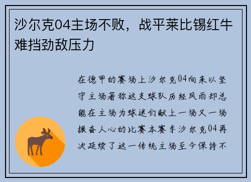 沙尔克04主场不败，战平莱比锡红牛难挡劲敌压力